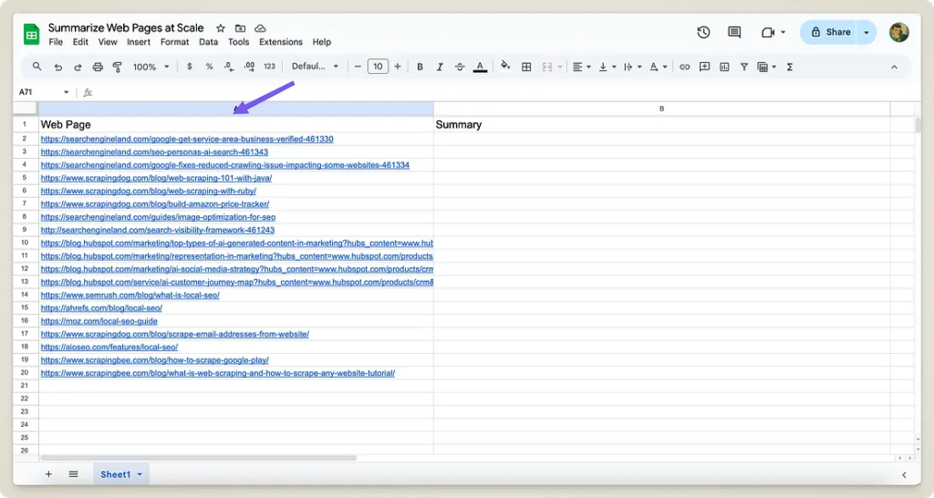 Google sheet screen